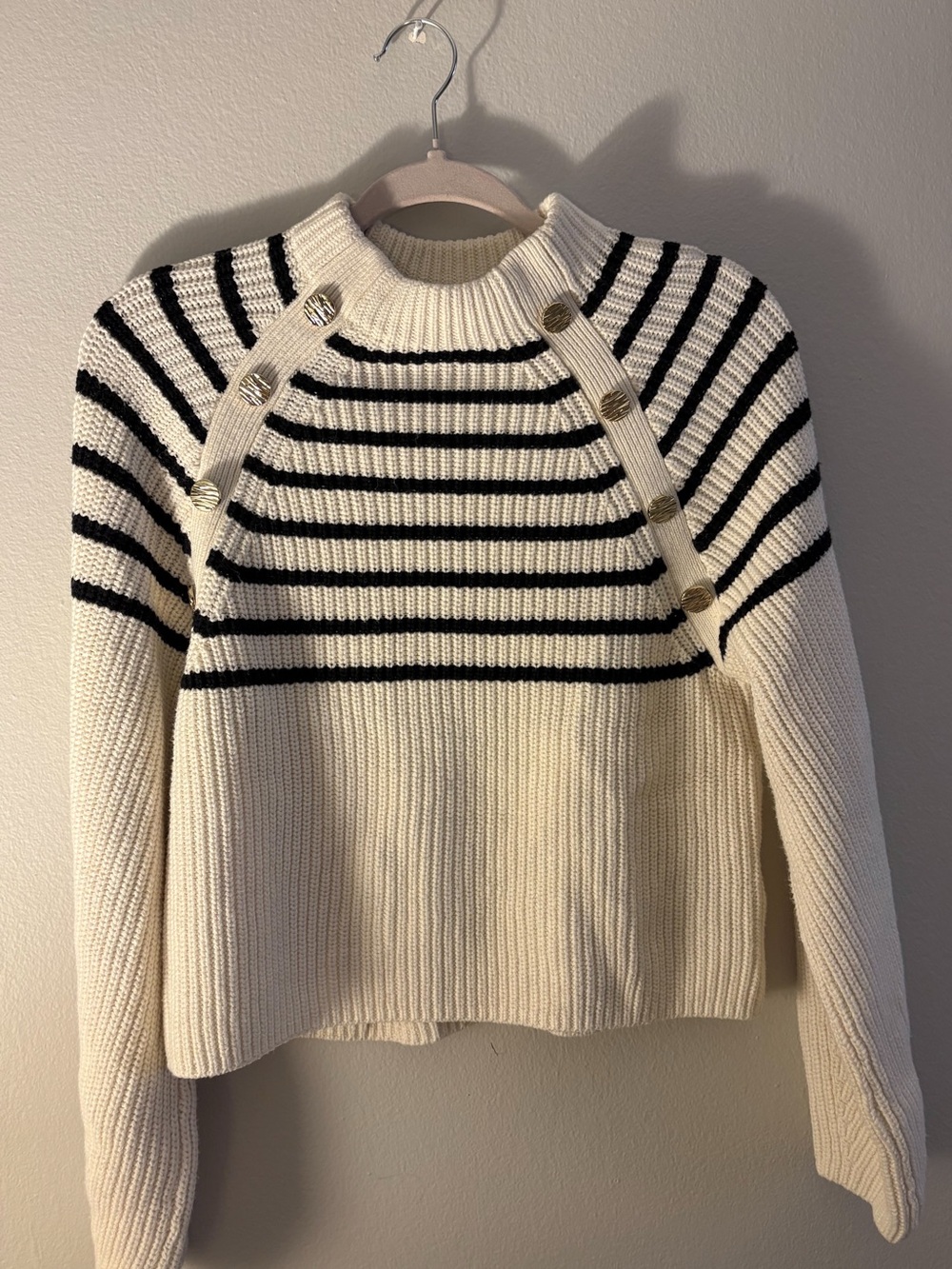 H&M Cream and Black Striped Button-Shoulder Turtleneck Sweater